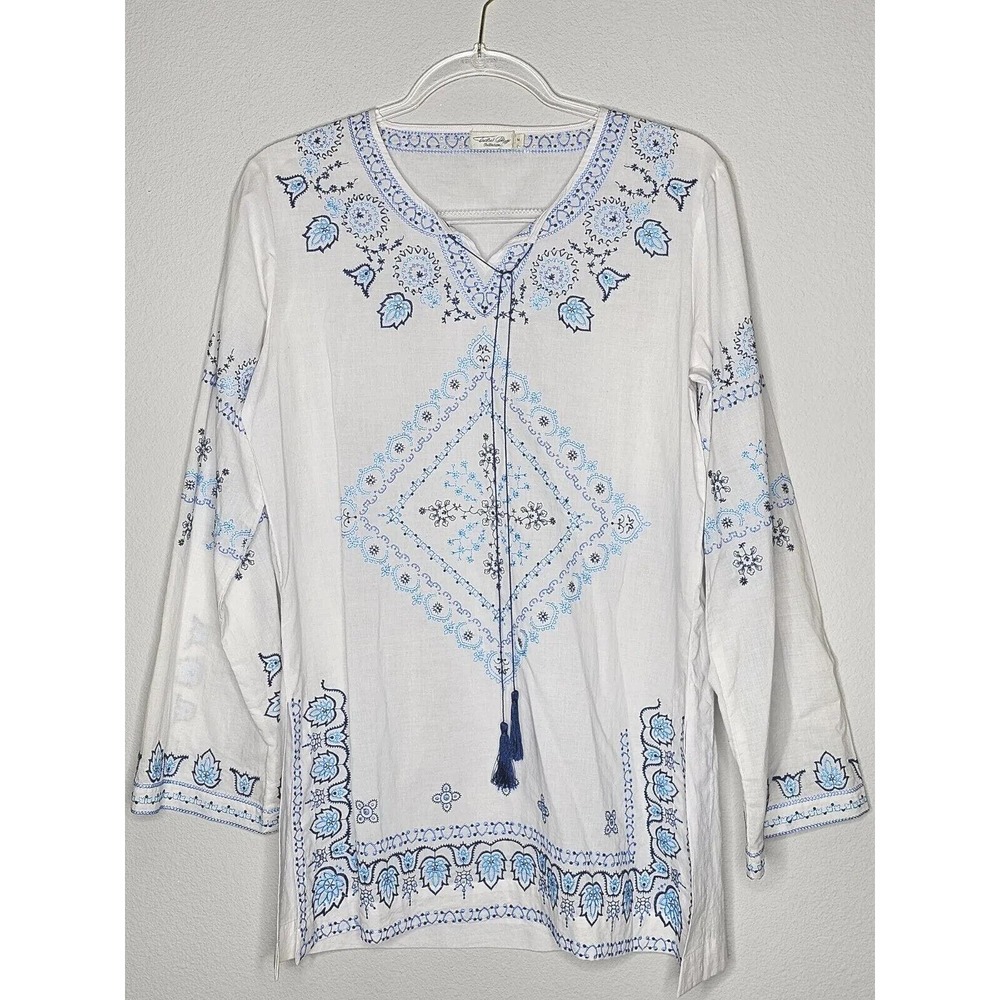 Tasha Polizzi Baja Blues Embroidered White Cotton Blouse Tunic Top Sz Medium - Picture 3 of 12